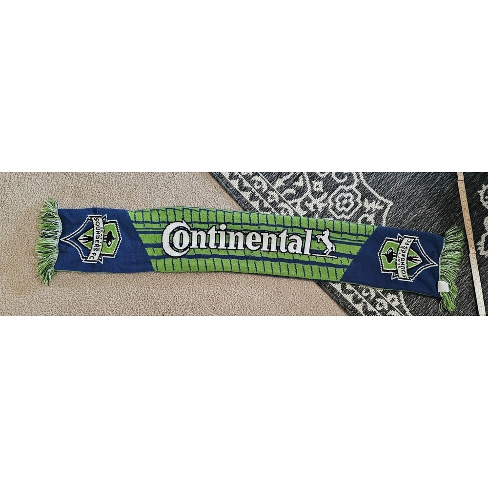 Seattle Sounders FC MLS Soccer Scarf Continental Tire Blue Green Knit Fringe‎